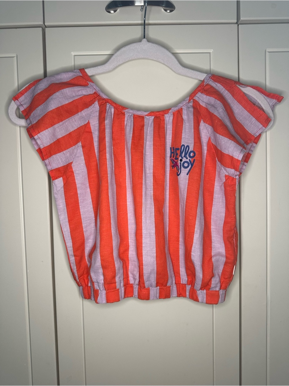 Catimini Girls Linen Blend Striped Shirt with “Hello Joy” and a Bird Embroidered
